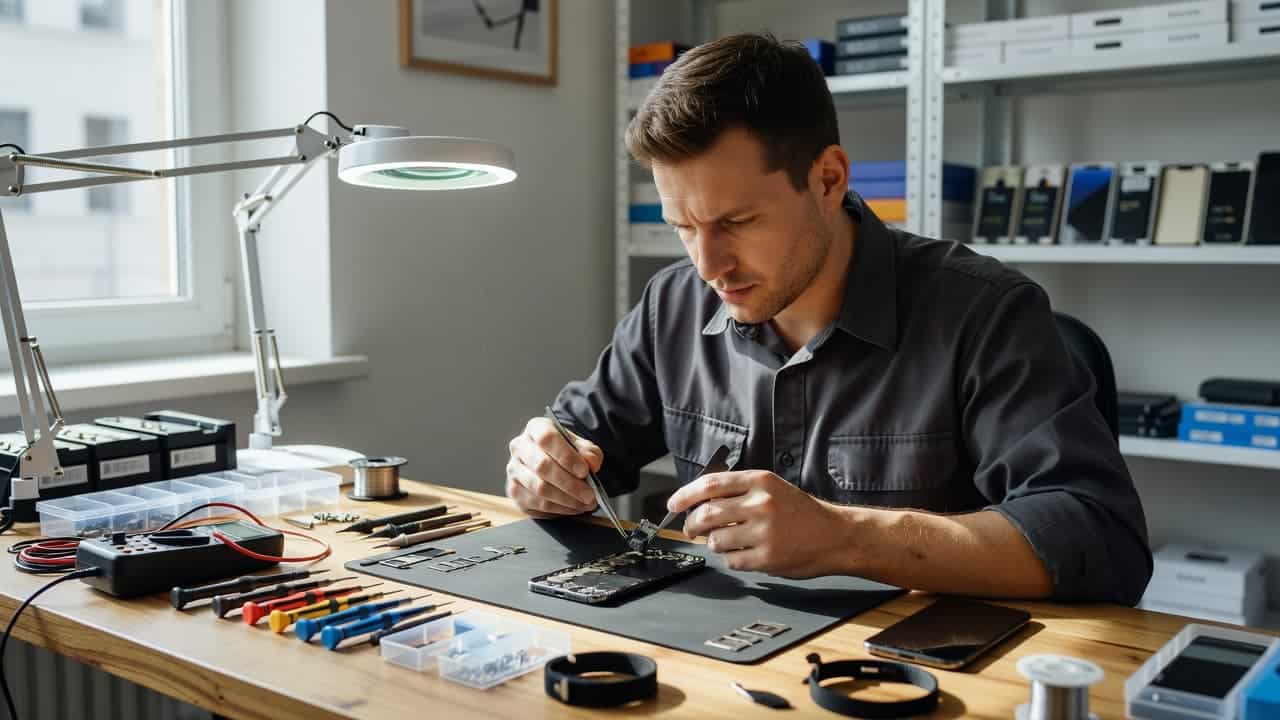 A technician working on a smartphone at a tool-filled workbench in bright light.