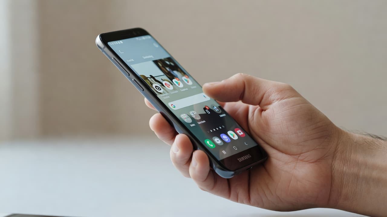 A close-up of a hand holding a modern smartphone that remains stuck in a vertical display mode.