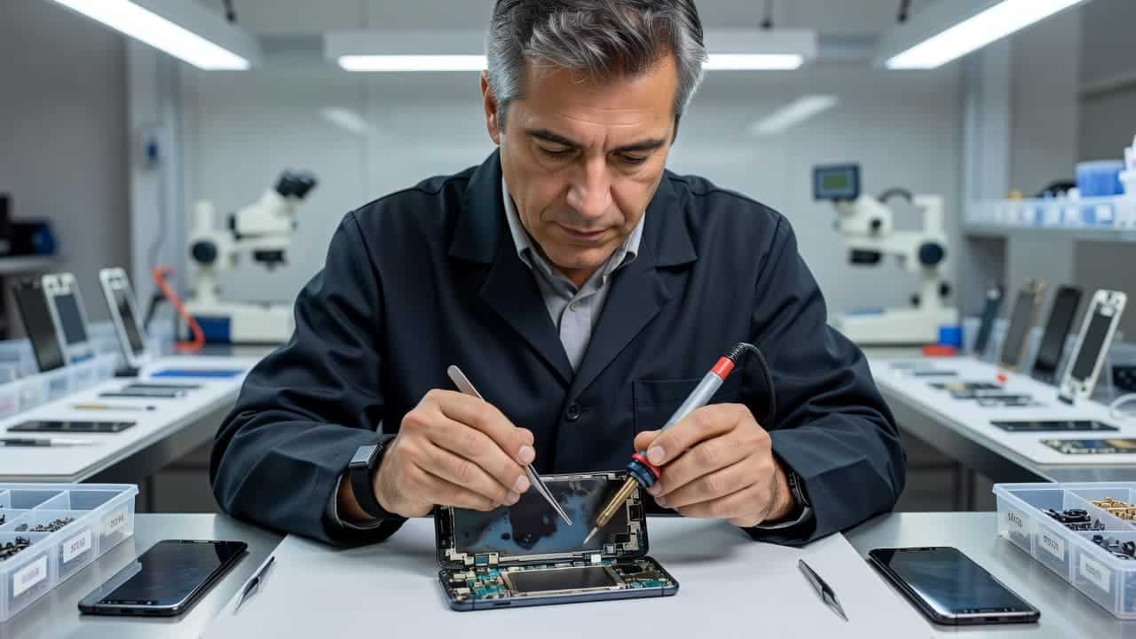 A professional technician carefully working on a smartphone screen inside a clean repair shop.