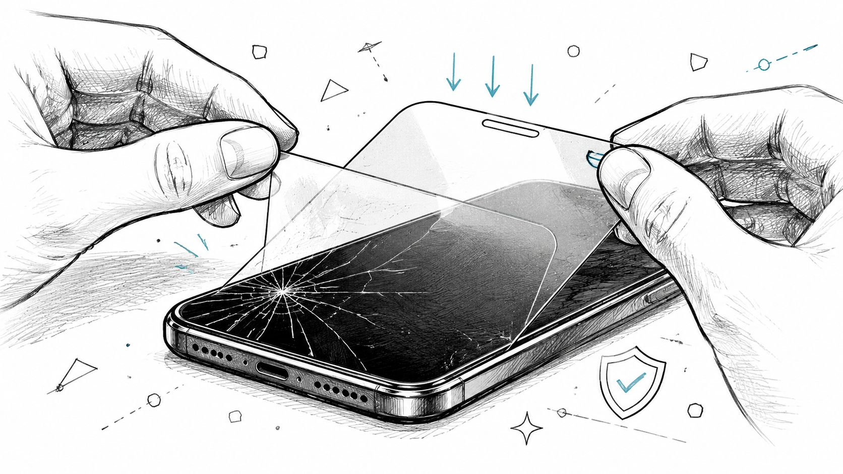 A sketched illustration of a person applying a new screen protector to a cracked smartphone display.