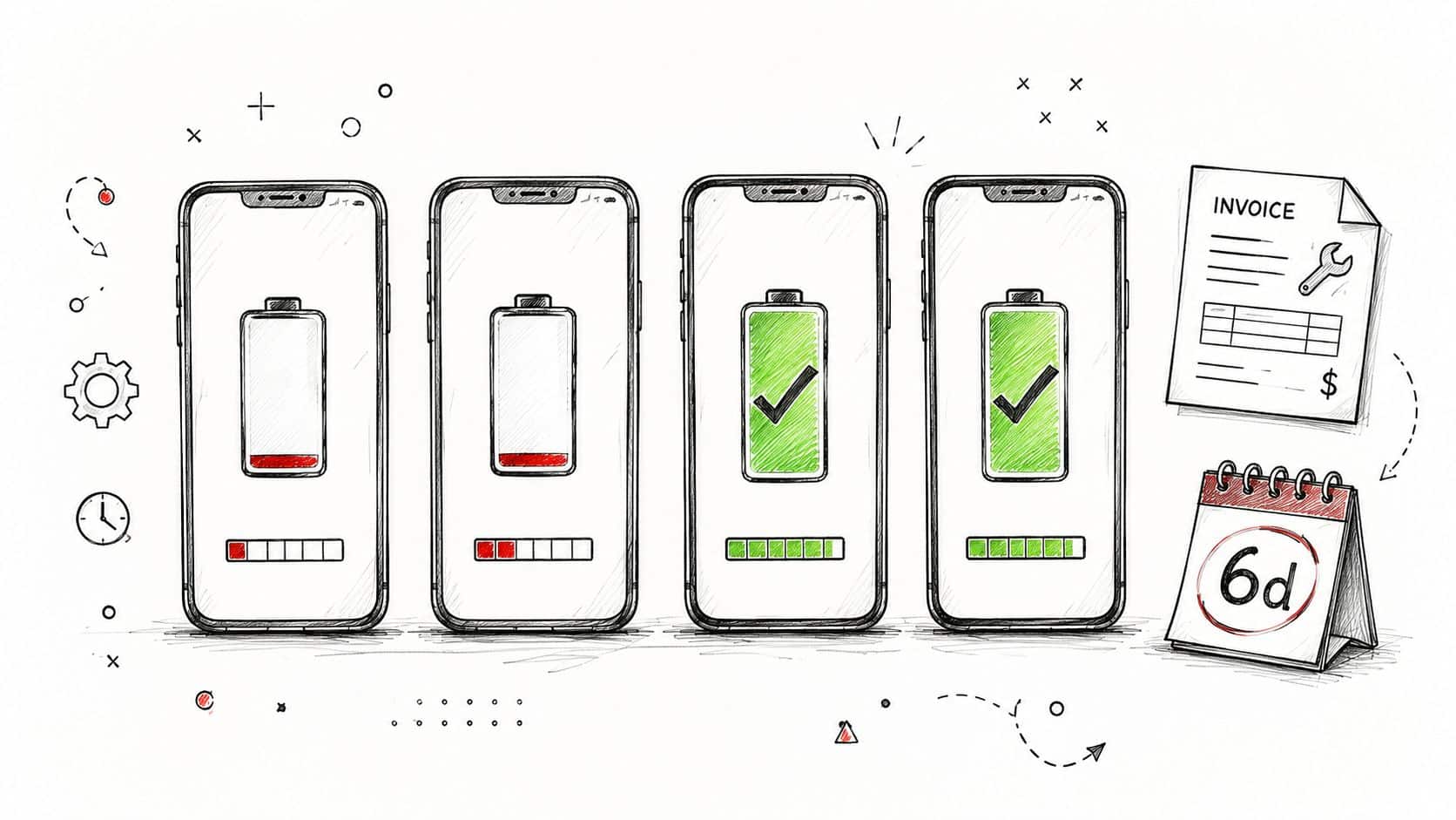 A hand-drawn sketch illustration showing a phone battery repair process from low battery to fully charged status.
