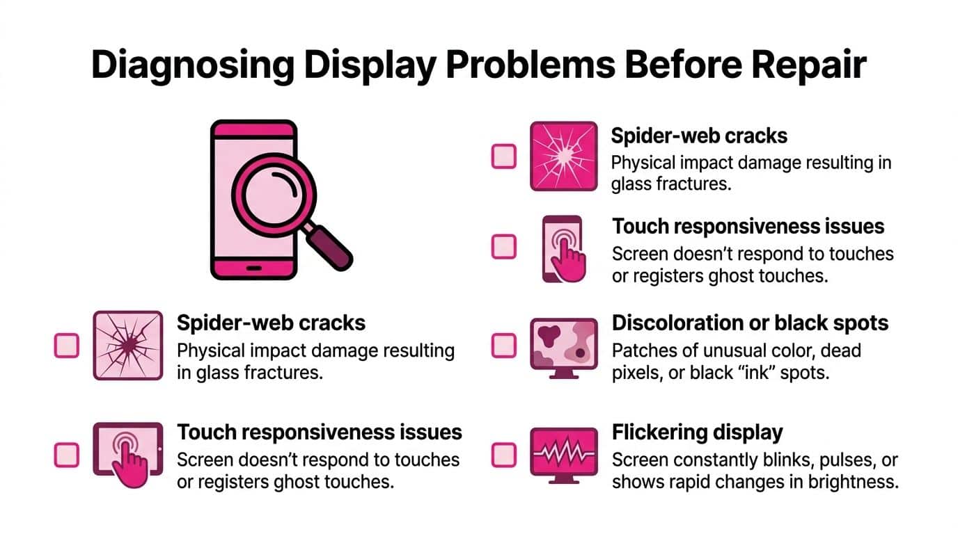 A diagnostic guide for smartphone and computer display problems like cracks, touch issues, and screen flickering.