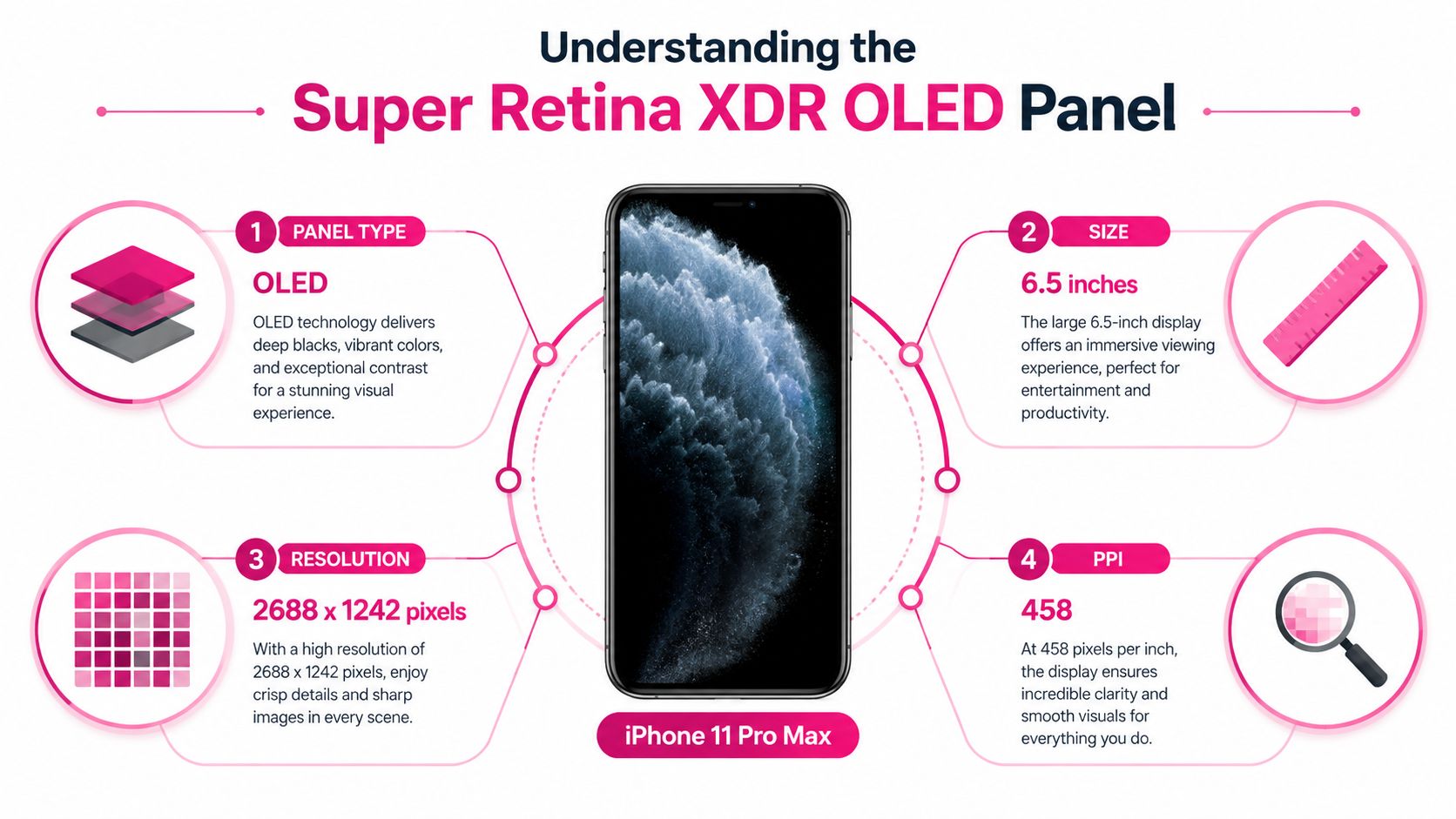 An infographic detailing the display specifications of the iPhone 11 Pro Max, including panel type, size, resolution, and pixel density.