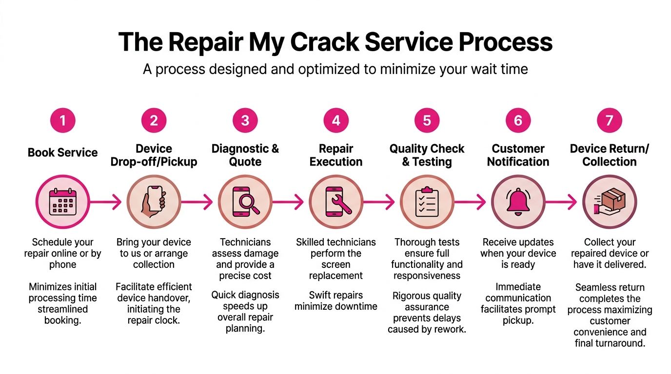 A flowchart showing the seven-step Phone Repair Direct service process for quick and professional device repair.
