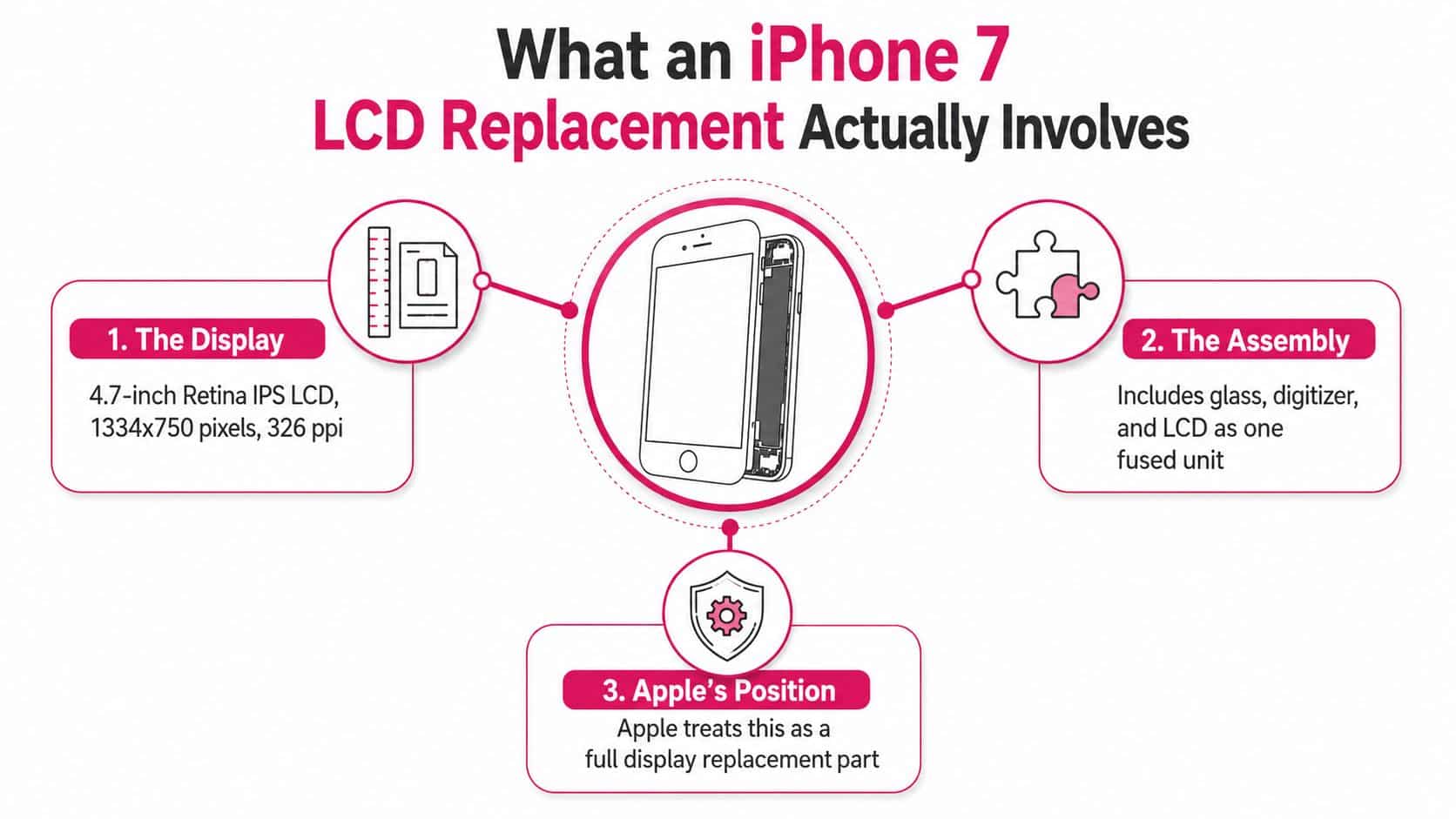 An infographic detailing the components of an iPhone 7 LCD screen replacement and Apple's repair policy.