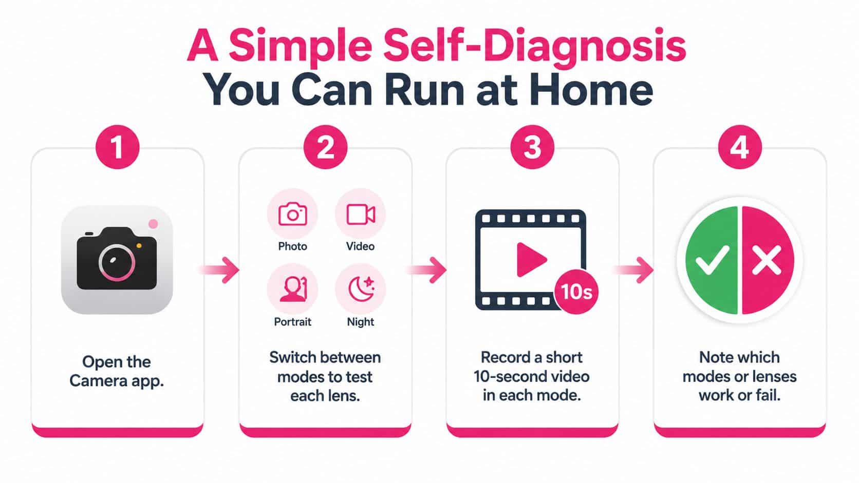 An infographic showing four simple steps to perform a self-diagnosis on your mobile device camera at home.