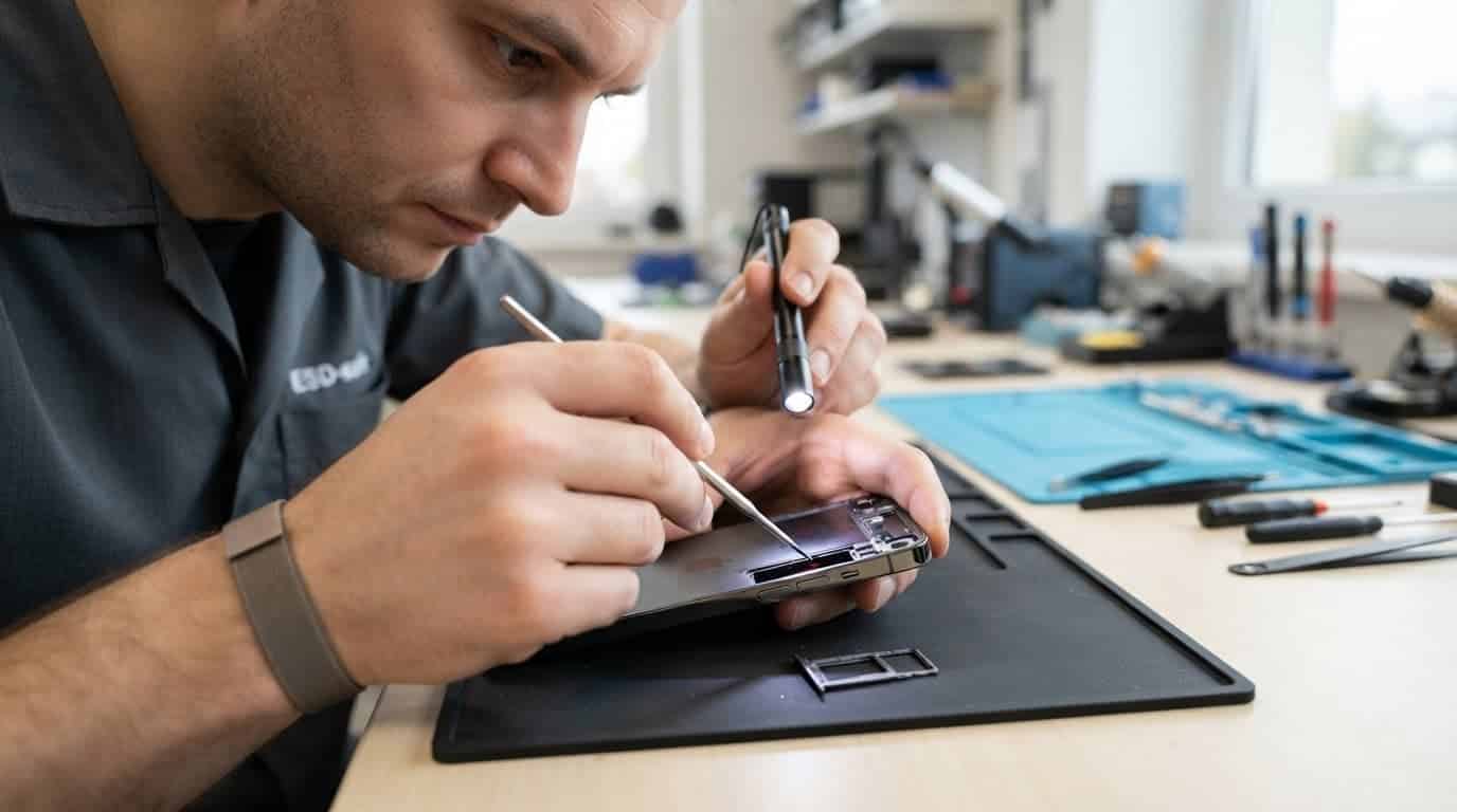 Technician inspecting an iPhone SIM tray with a fine tool and bright light.