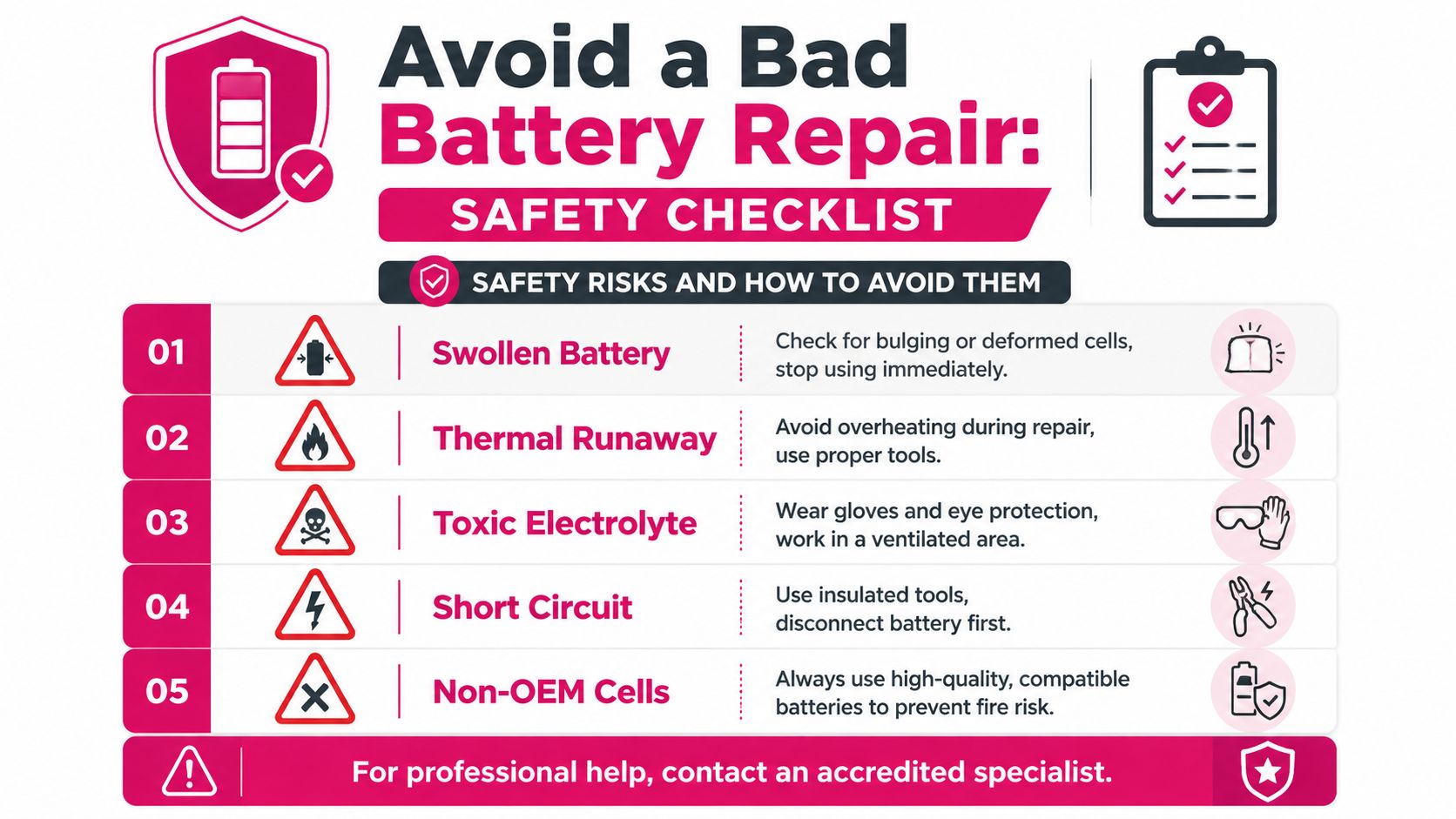 A safety checklist infographic illustrating five critical hazards to avoid during professional phone battery replacement repairs.