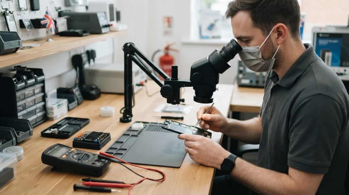 Technician examining a smartphone beside repair tools and a microscope.