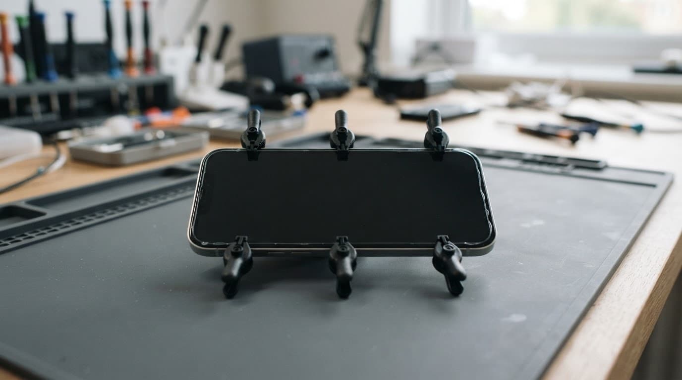 A smartphone with a new black screen held by clamps on a repair mat.