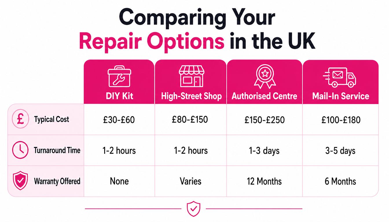 A comparison chart showing typical costs, turnaround times, and warranty periods for four UK phone repair options.