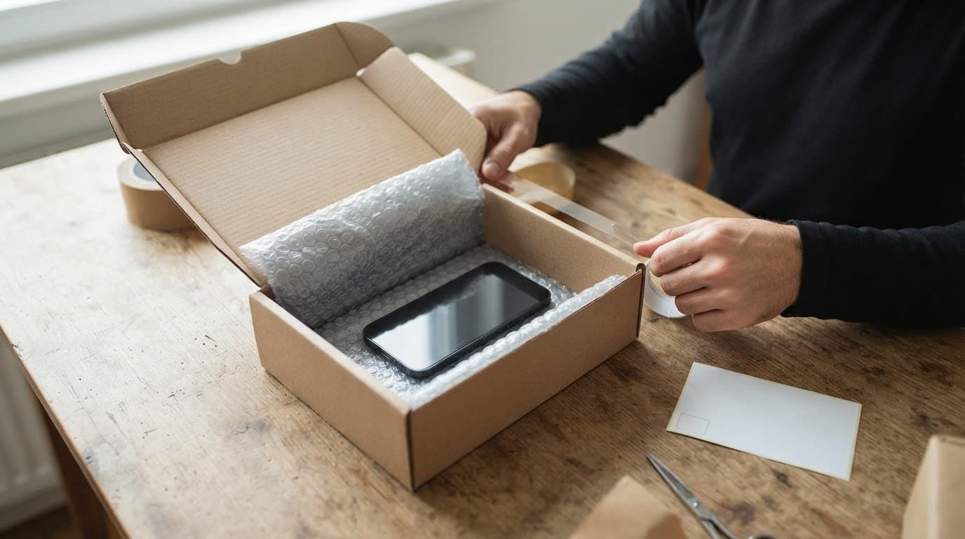 A padded shipping box and smartphone sit on a wooden desk with one person nearby.