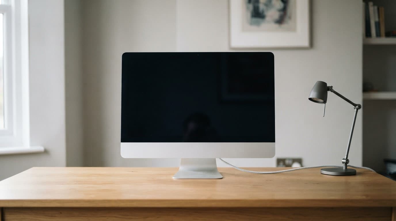 A dark-screen iMac on a tidy desk beside its power cable and a small lamp.