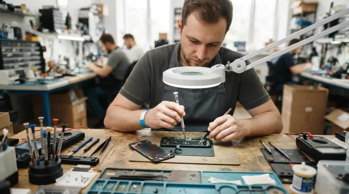 A technician repairs a smartphone beside small tools and a magnifying lamp.