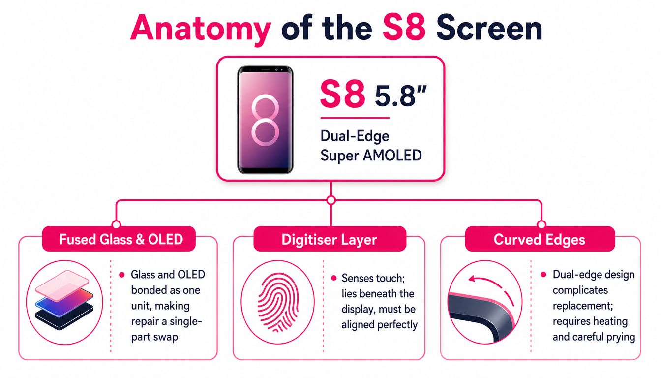 An infographic showing the anatomical layers of a Samsung Galaxy S8 screen, including fused glass, OLED, and digitizer.