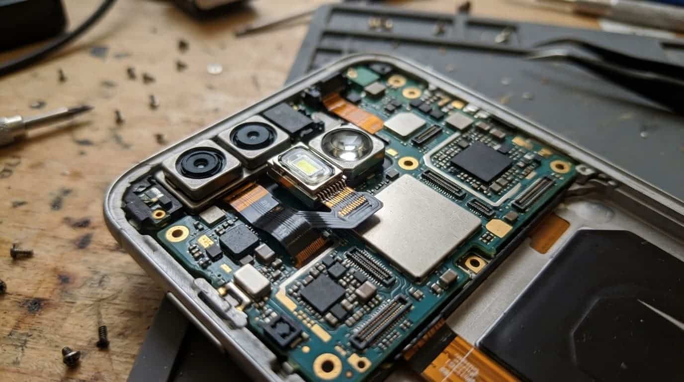 Close-up of smartphone circuit boards and an LED flash module on a workbench.