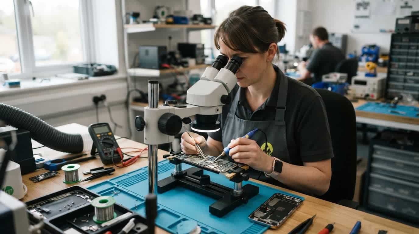 Technician microsoldering a smartphone motherboard beside a microscope.