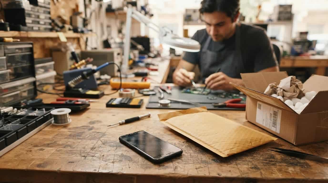 A smartphone beside a padded envelope and shipping box on a wooden workbench.