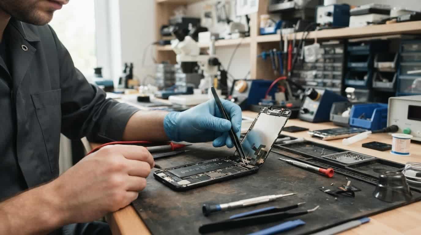 Technician's hands inspect an opened smartphone beside precision repair tools.