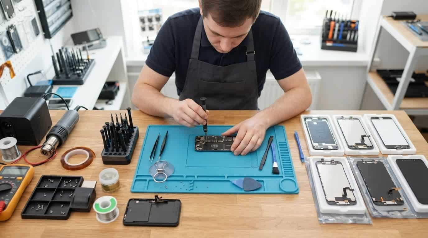 A technician uses repair tools beside spare smartphone display modules.