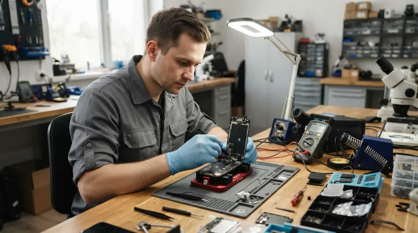 Technician examining an opened smartphone beside repair tools and phone parts.
