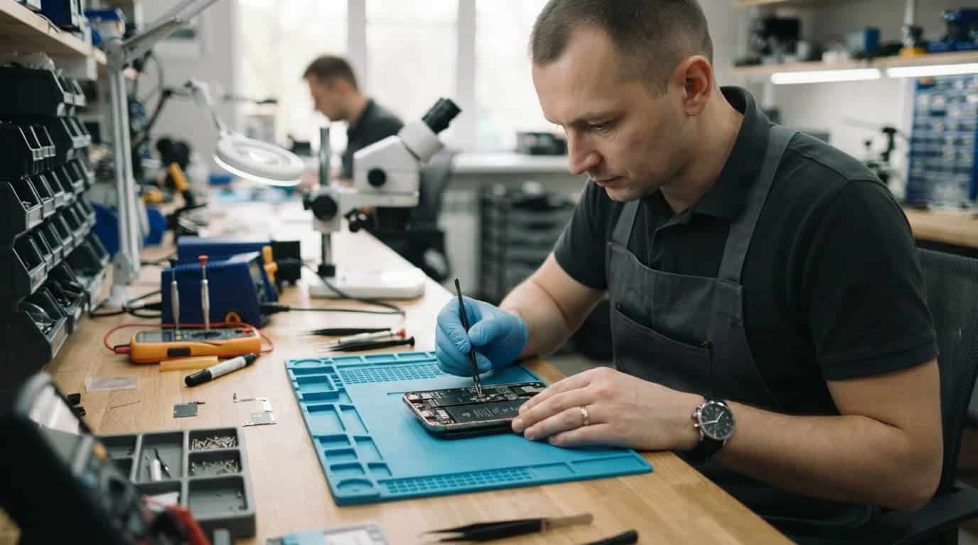 Technician repairing an open smartphone with precision tools on a clean workbench.