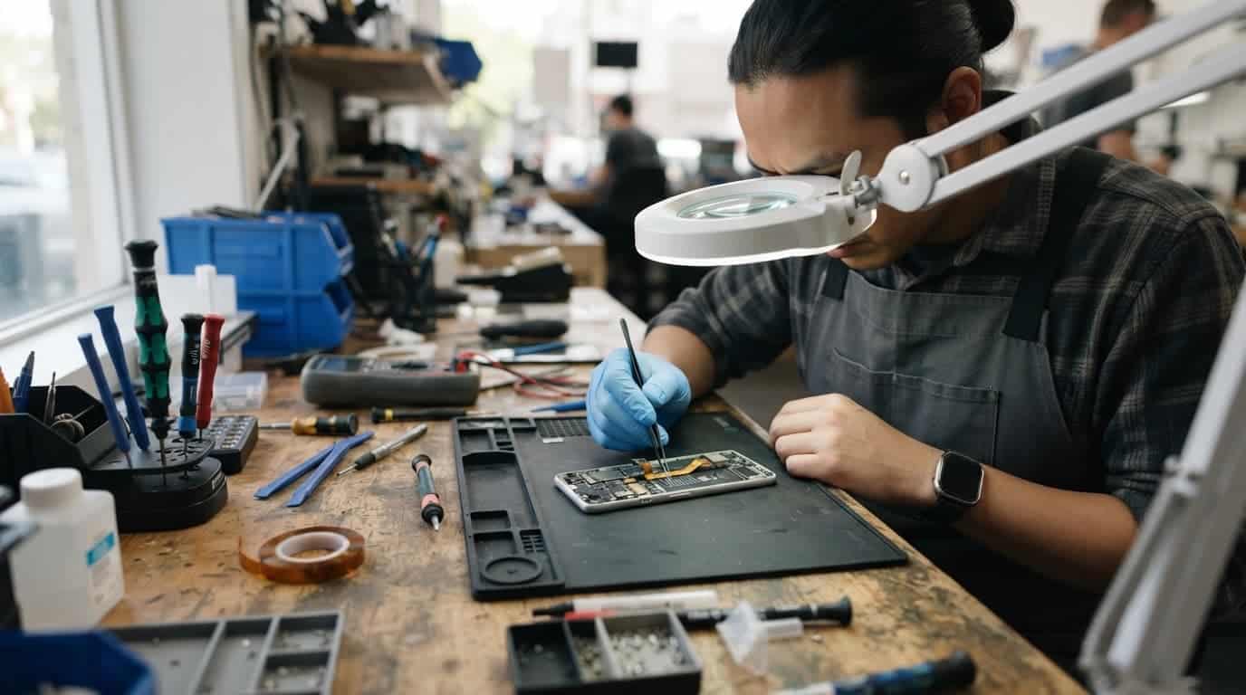 Technician examining a Pixel phone beside repair tools and a magnifying lamp.