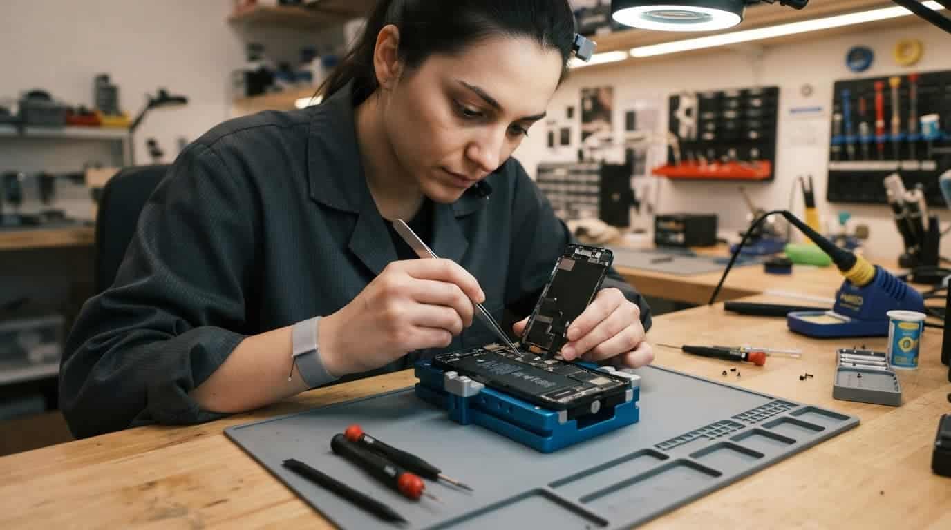 Technician using small tools to repair an open smartphone on a wooden workbench.