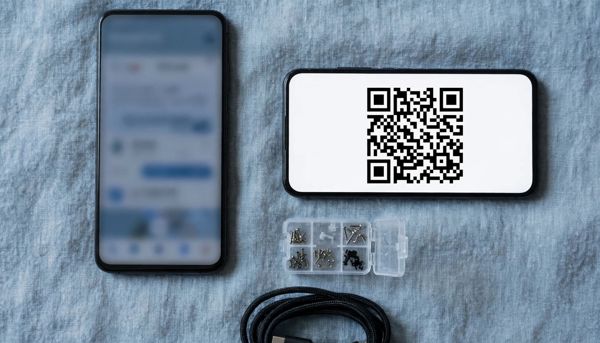 Two phones show an authenticator app and a generic QR code beside repair supplies.