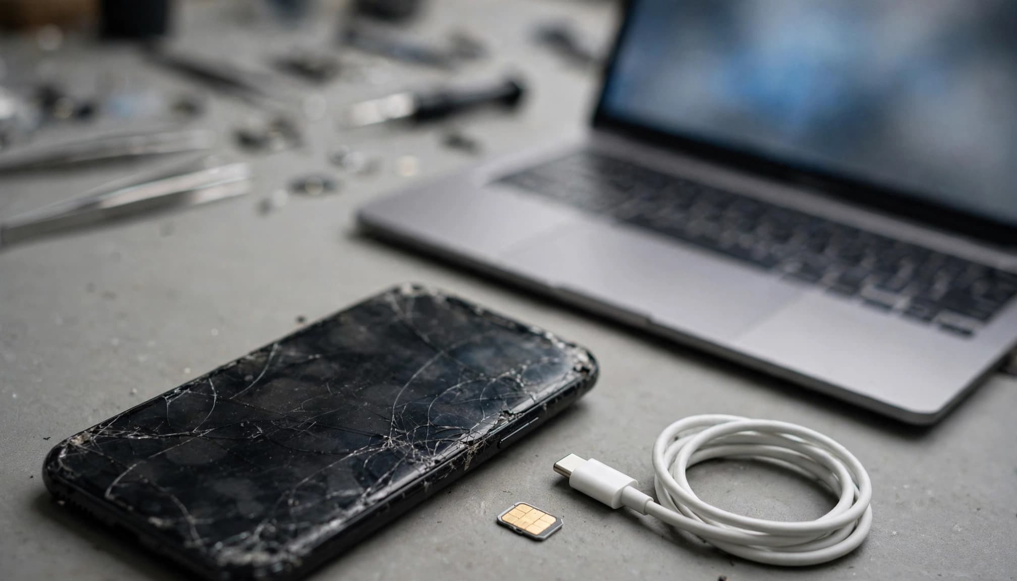 A damaged phone beside a laptop, SIM card, and charging cable on a repair bench.