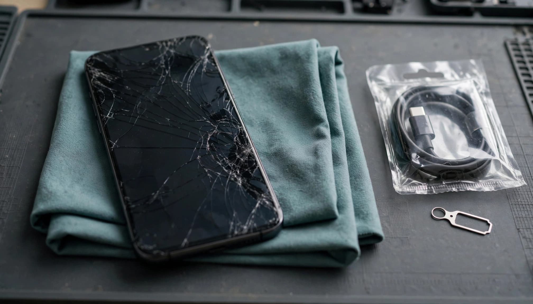 A cracked smartphone rests on a cloth beside a sealed cable and SIM-eject tool.
