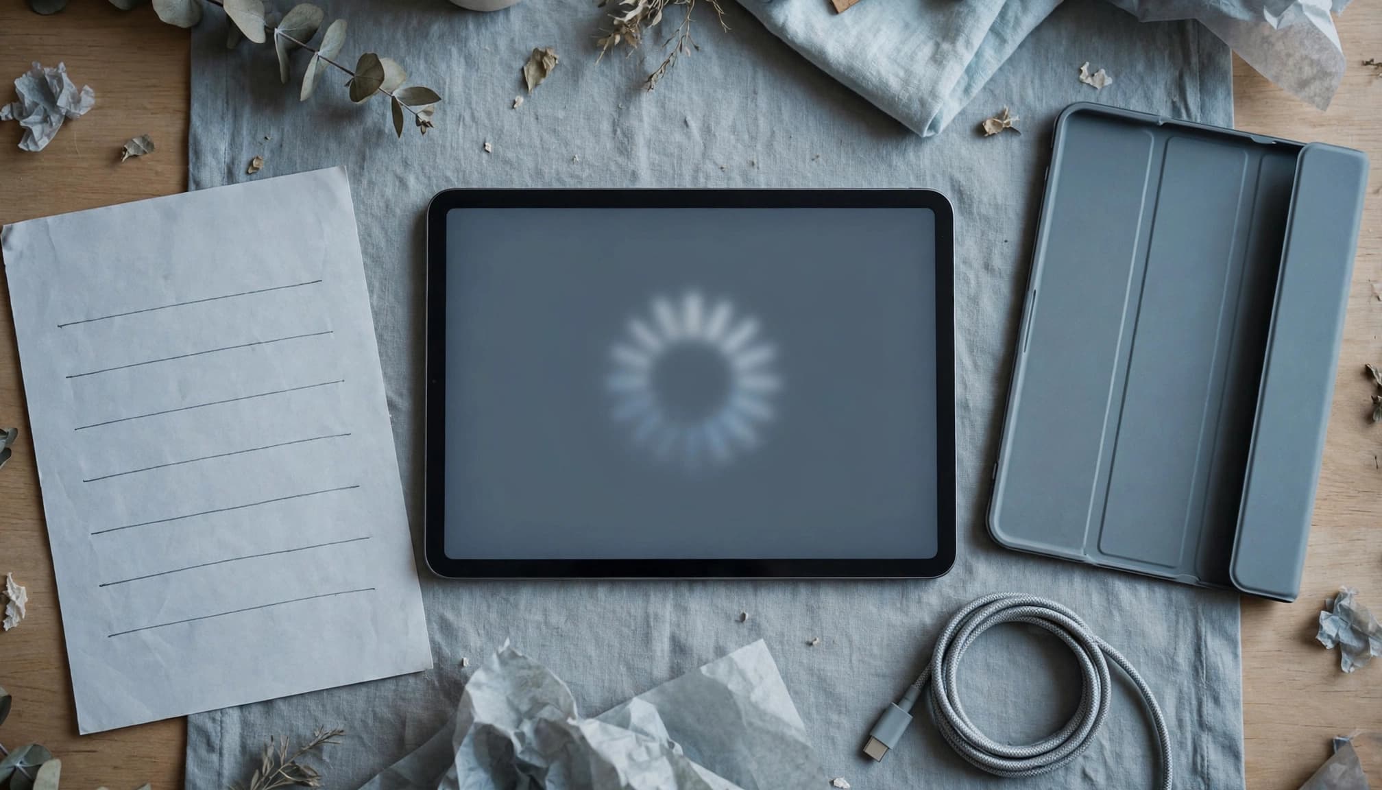 Galaxy tablet beside a cable, case, and blank checklist on a kitchen table.