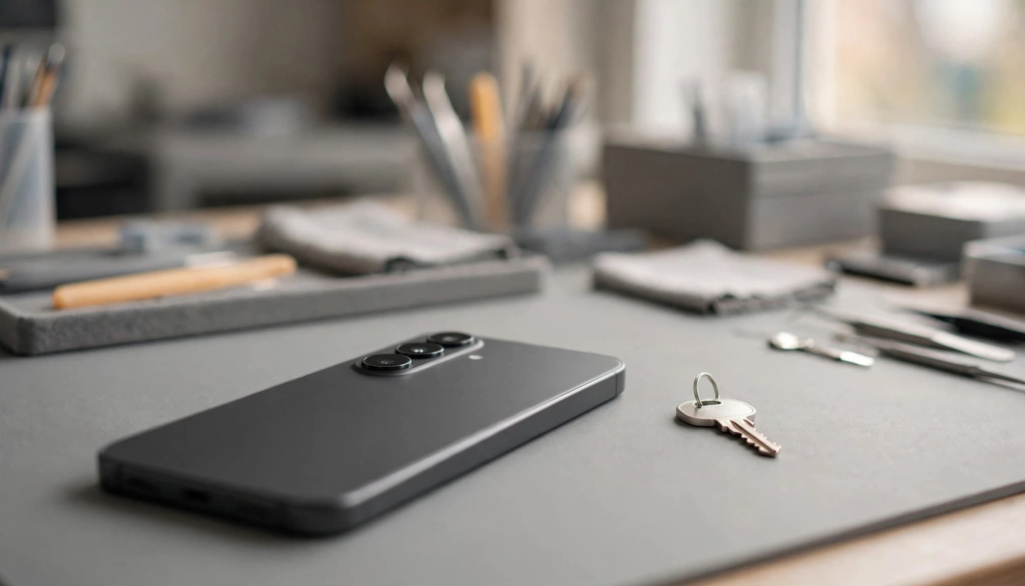 Smartphone on a repair bench beside an abstract security key icon.