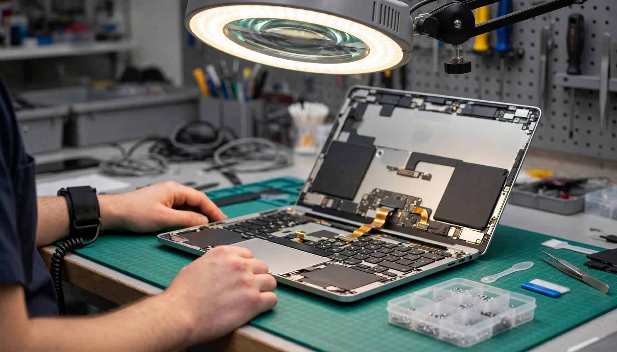 Technician inspecting a MacBook keyboard connector under a magnifying lamp.