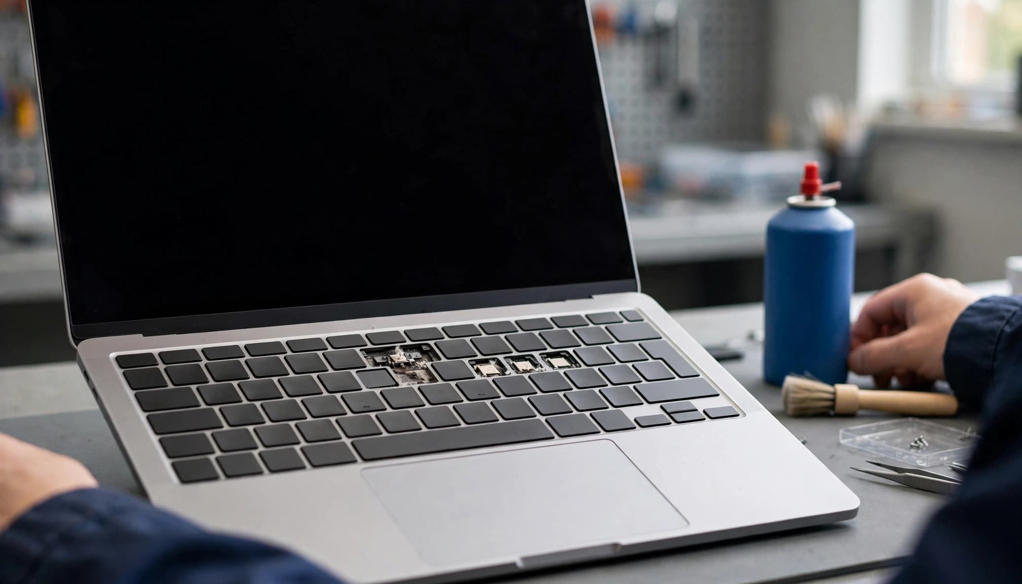 MacBook with faulty keys beside a brush and compressed-air canister.