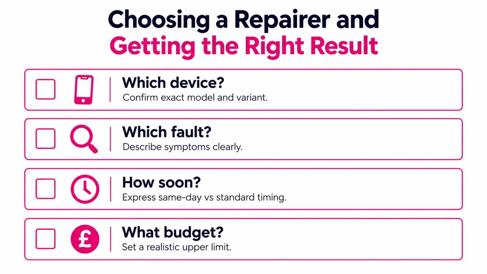 A checklist infographic titled Choosing a Repairer and Getting the Right Result for electronic device repairs.