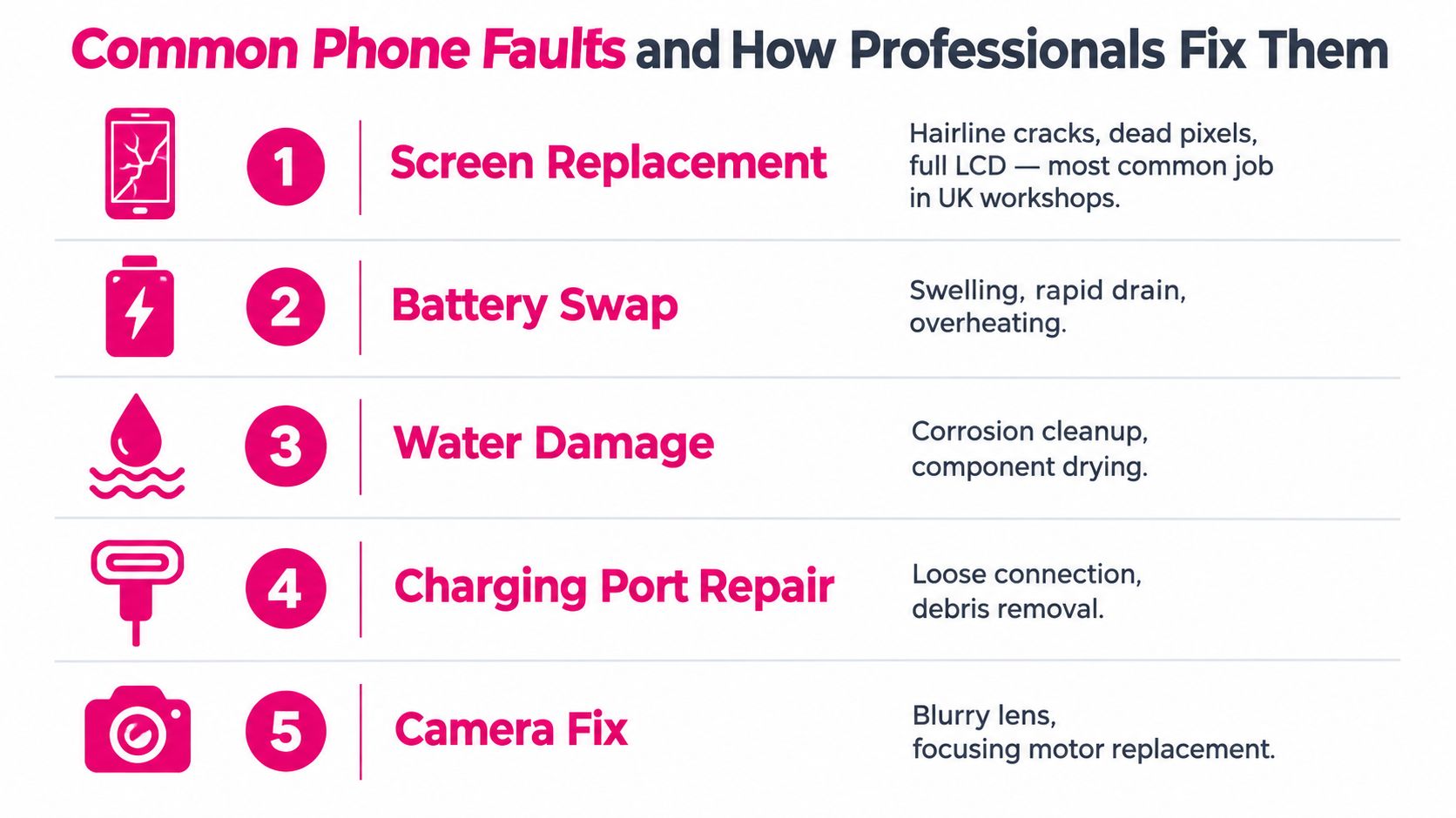 A list of five common mobile phone faults including screen, battery, water, charging port, and camera issues.