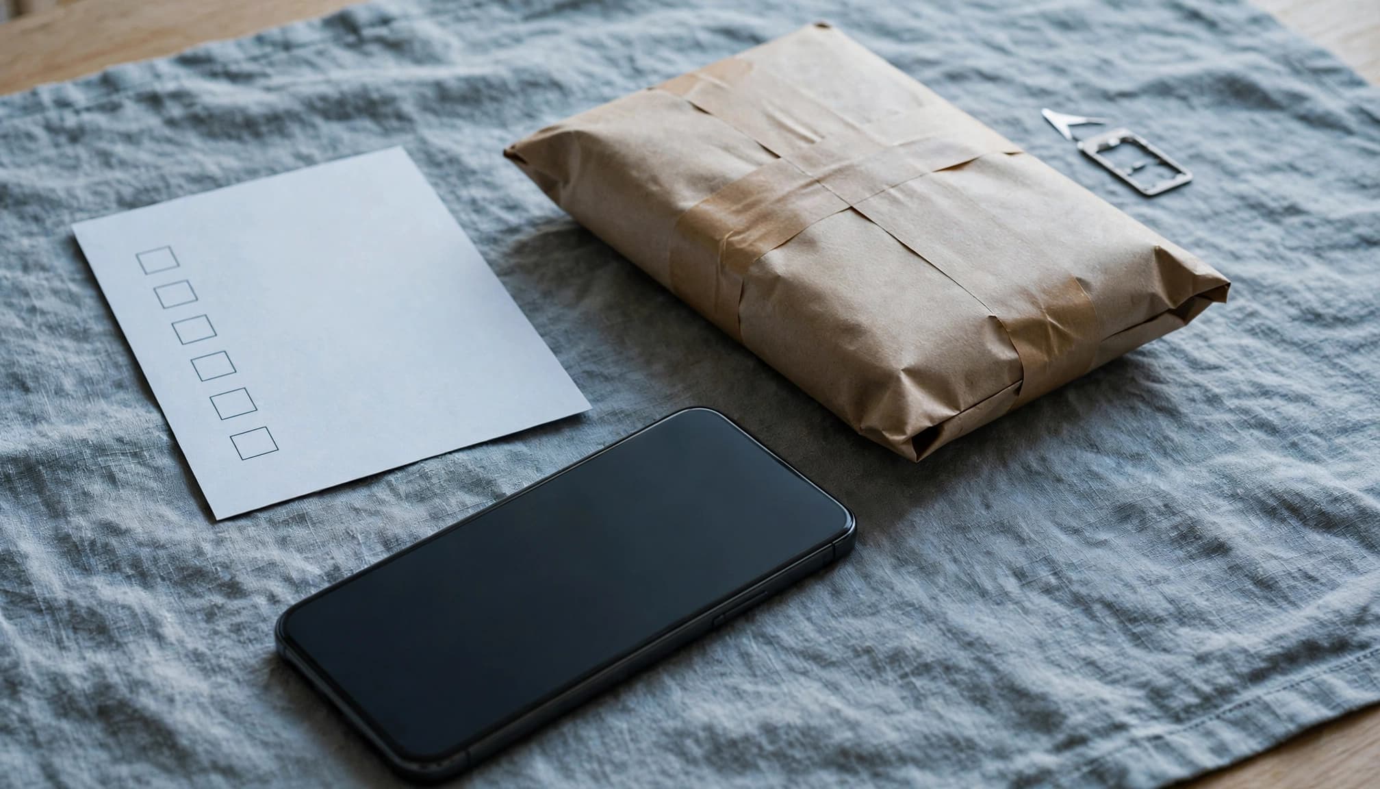 A smartphone beside a sealed repair parcel, SIM tool, and checklist card on a kitchen table.