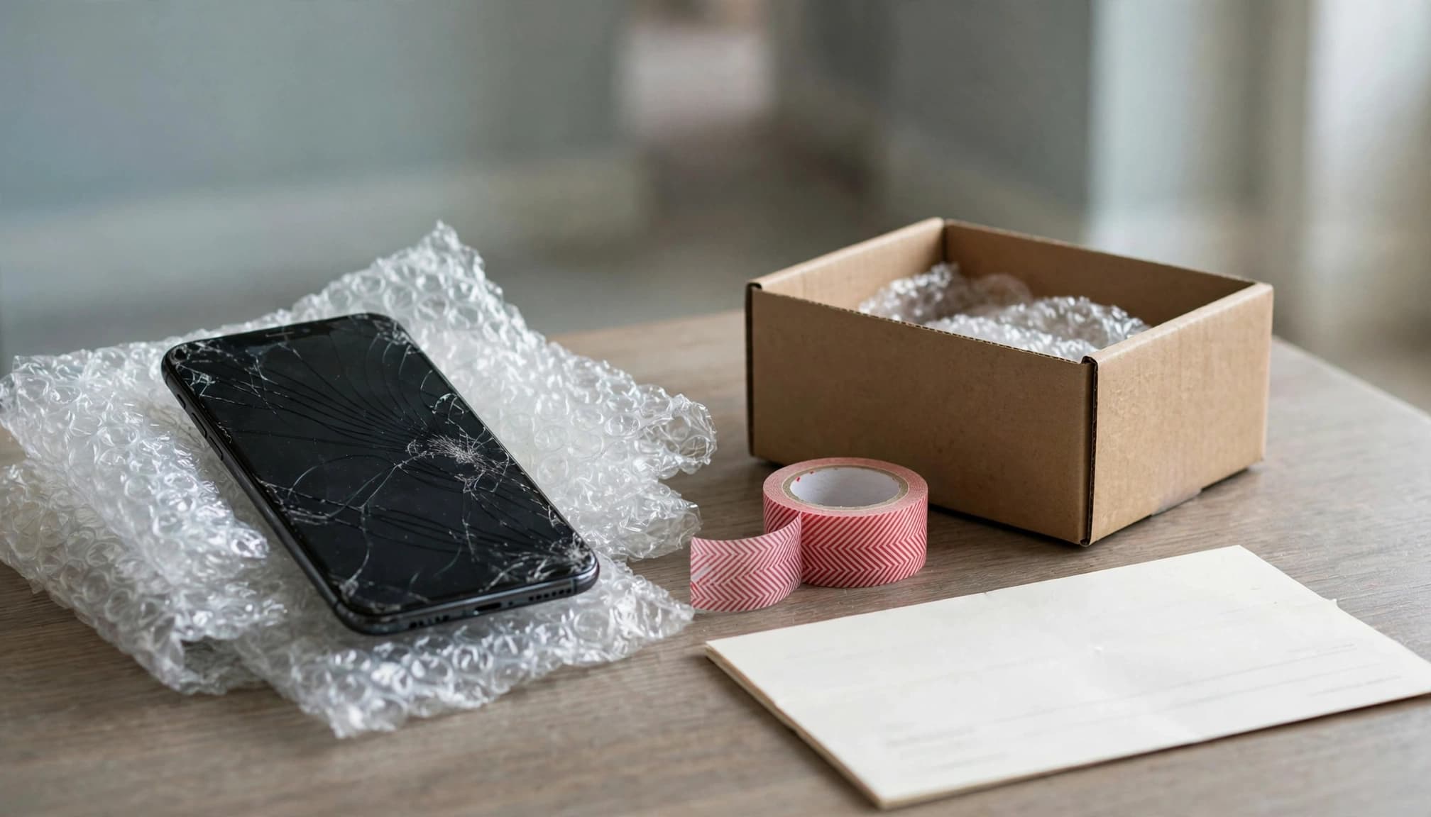 A damaged smartphone packed beside a shipping box and bubble wrap.