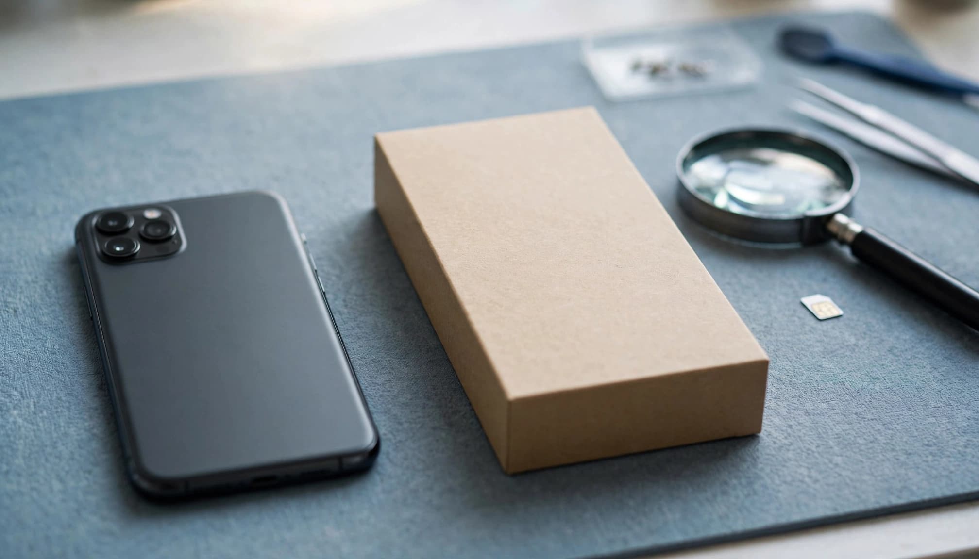 A smartphone and retail box beside repair tools on a clean workbench.