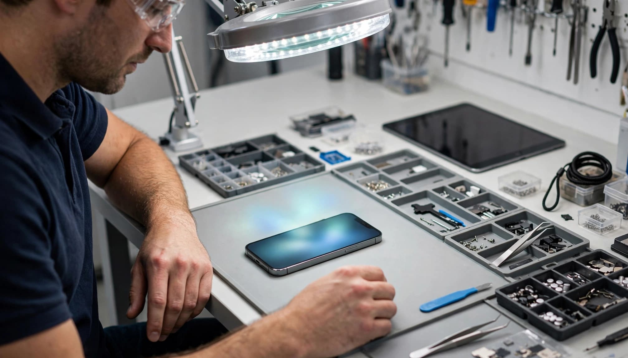 Technician inspecting a smartphone under a magnifying lamp at a repair bench.