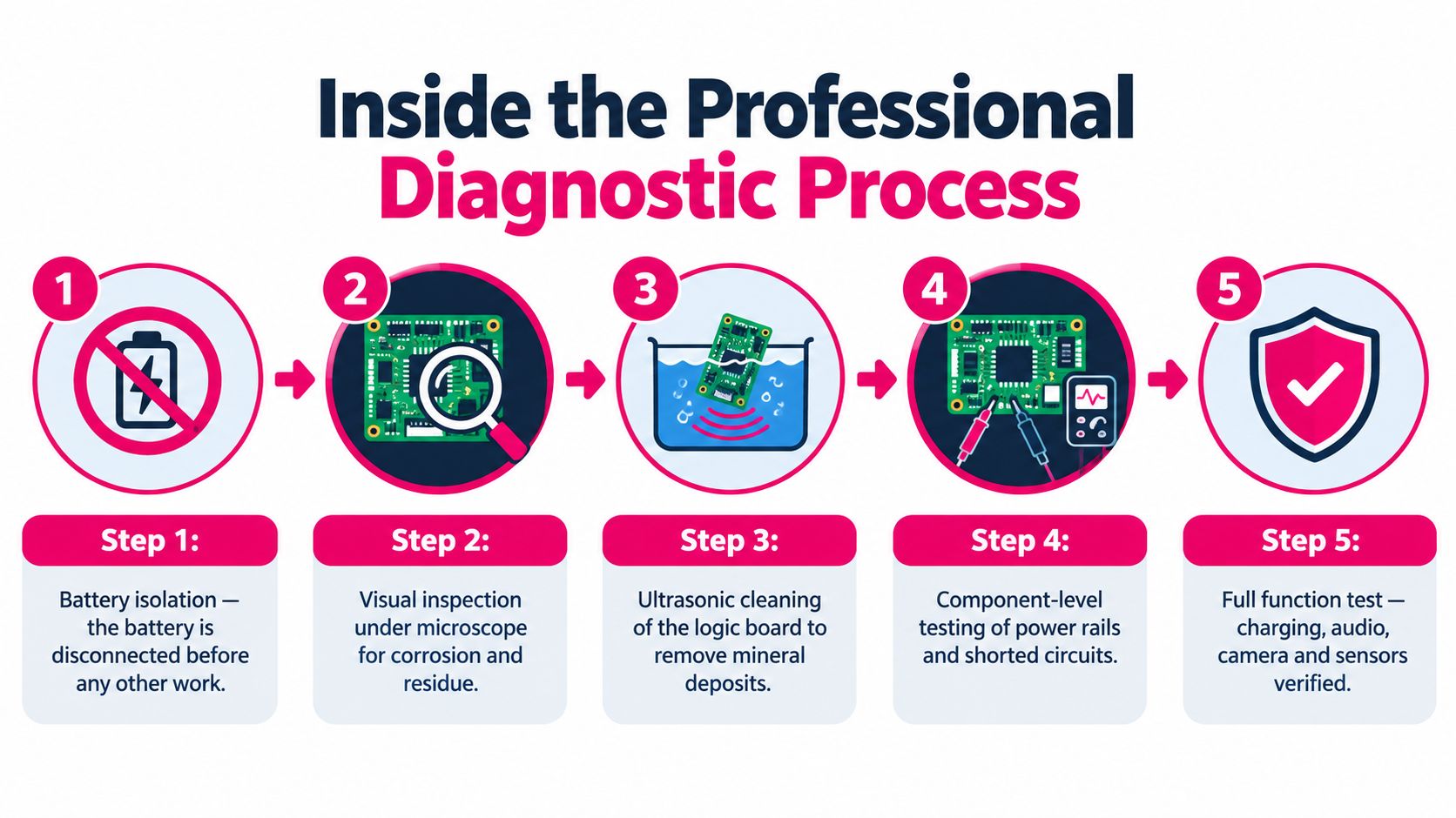 A five-step professional infographic illustrating the technical diagnostic process for repairing water-damaged electronic devices.