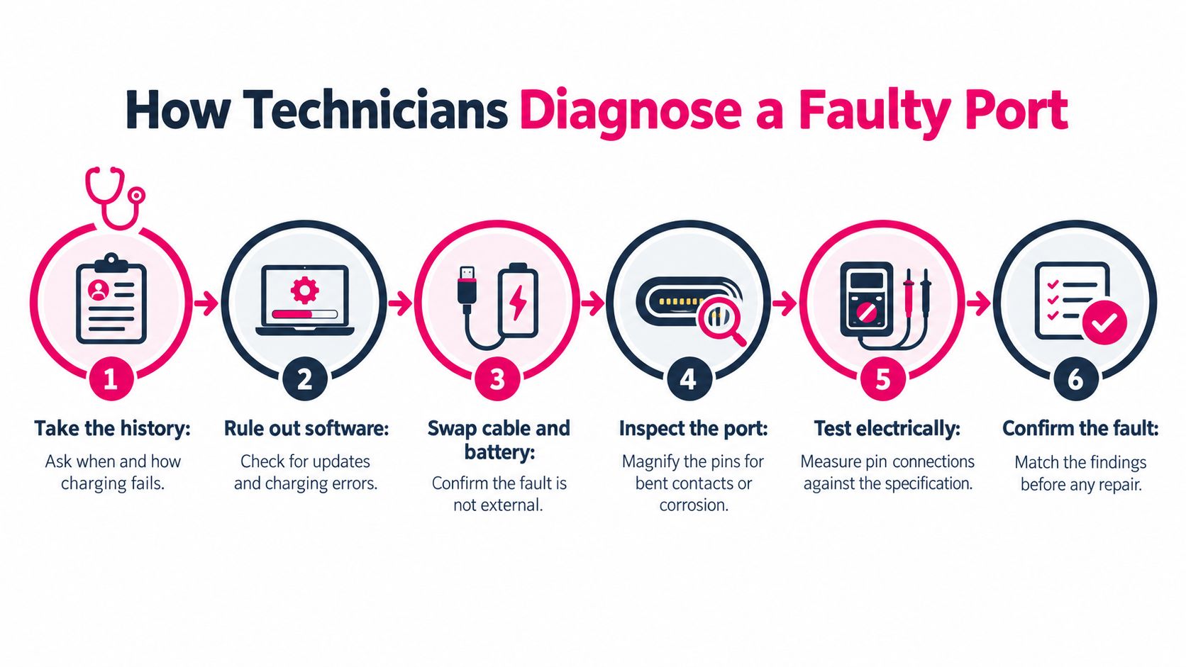 A six-step infographic guide titled How Technicians Diagnose a Faulty Port, illustrating technical repair processes.