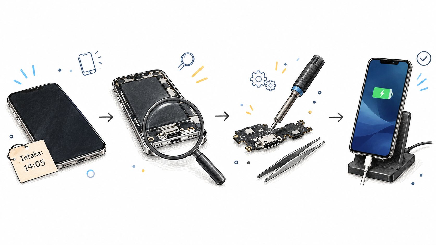An illustration showing a smartphone charging port repair process from intake, inspection, soldering, and final testing.