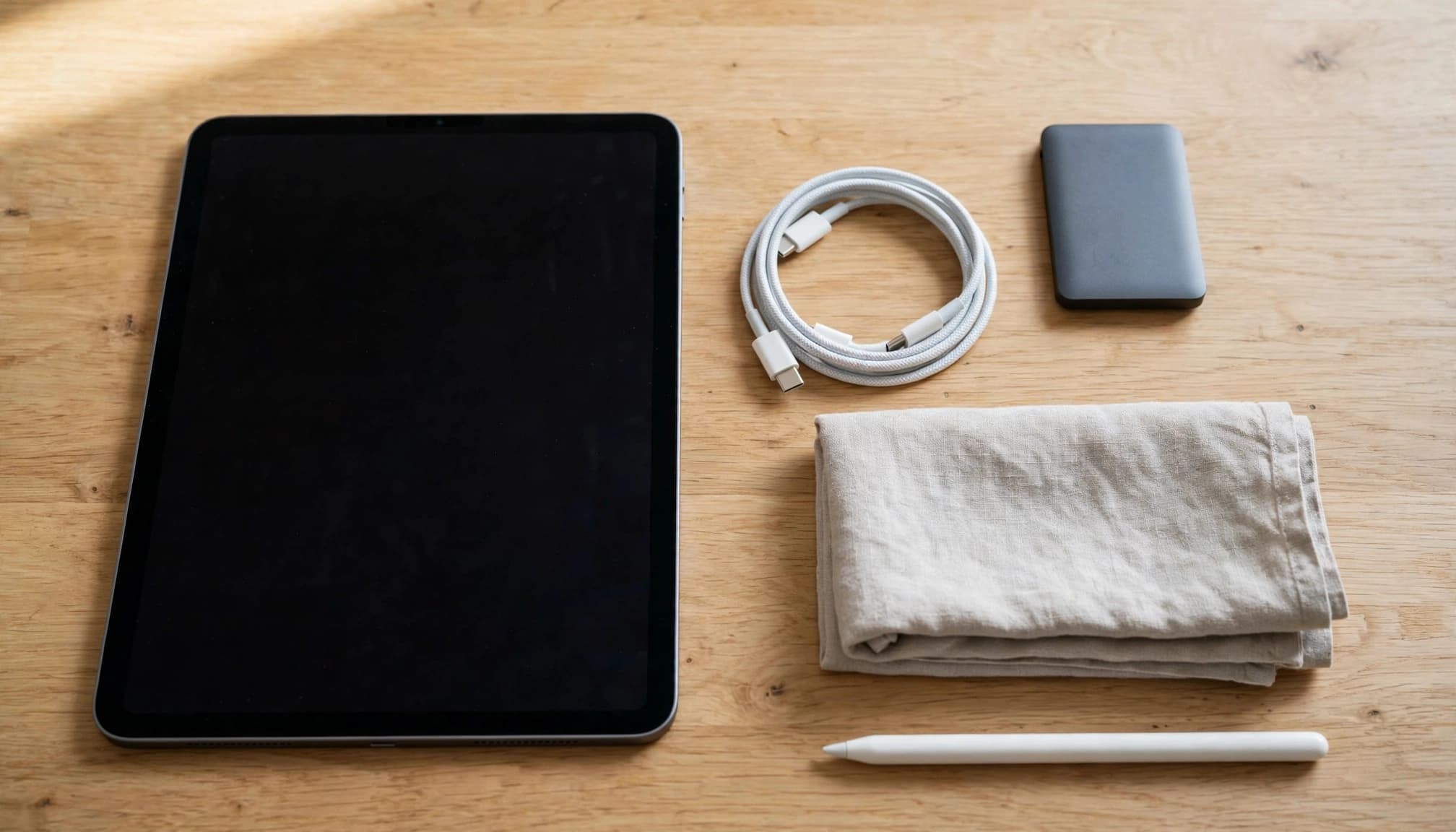 An iPad, external drive, cable, folded cloth, and Apple Pencil on a bright kitchen table.
