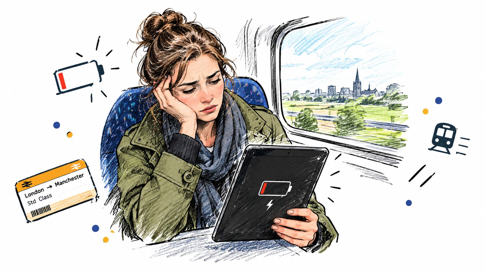 A young woman on a train looking stressed as her iPad battery runs out of charge.