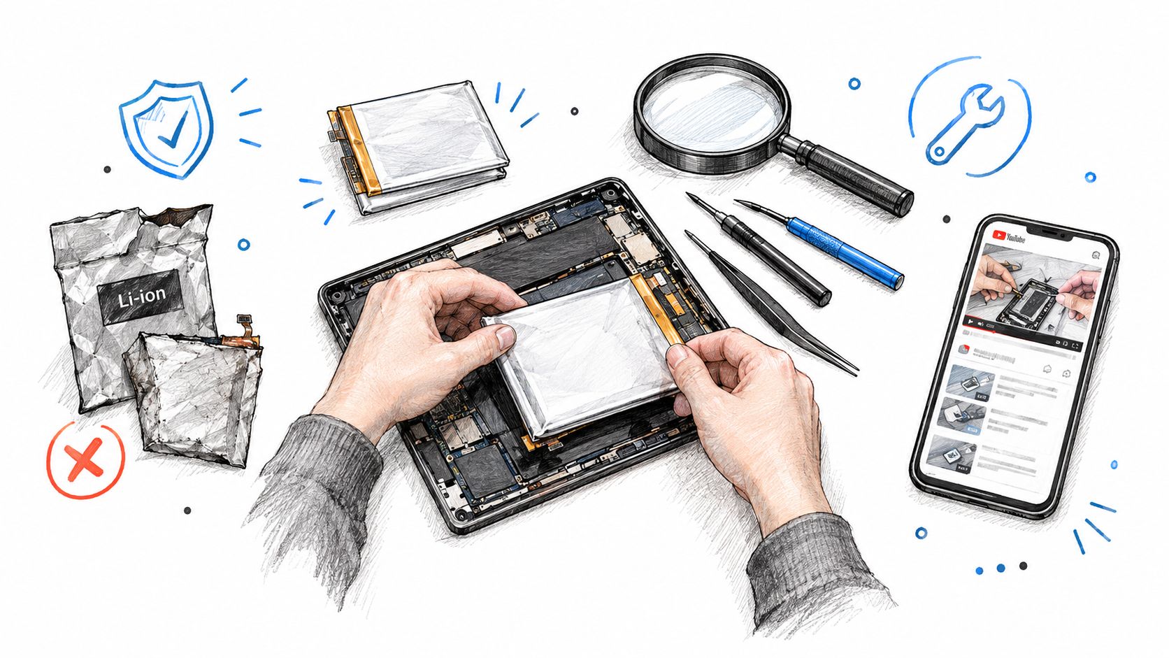 A hand-drawn illustration showing a person replacing a lithium-ion battery in a tablet using repair tools.