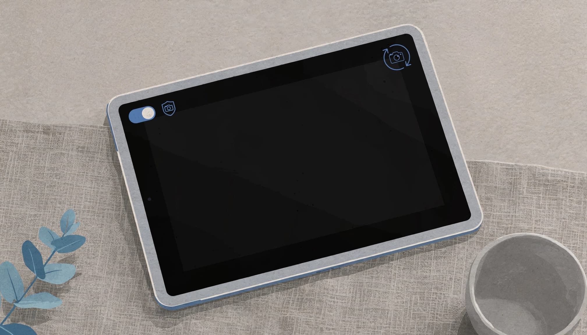 An illustrated tablet resting on a table with a black screen showing camera icons.