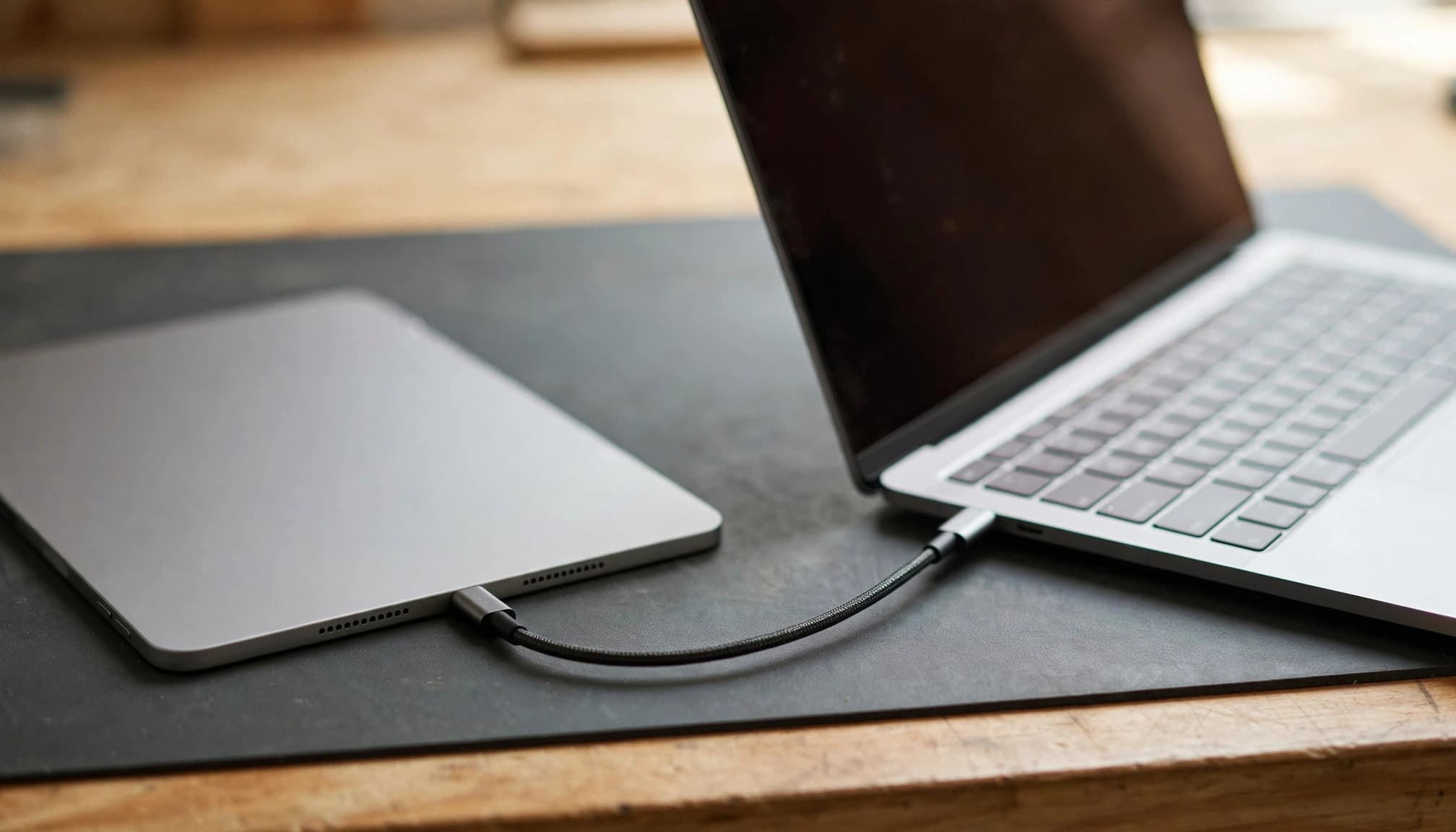 An iPad and Mac laptop connected by a cable on a padded workshop bench.