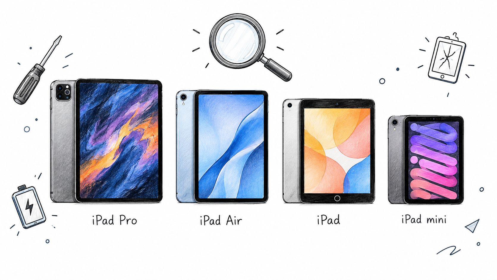 An illustrated collection of different iPad models featuring repair icons like a screwdriver and a broken screen.
